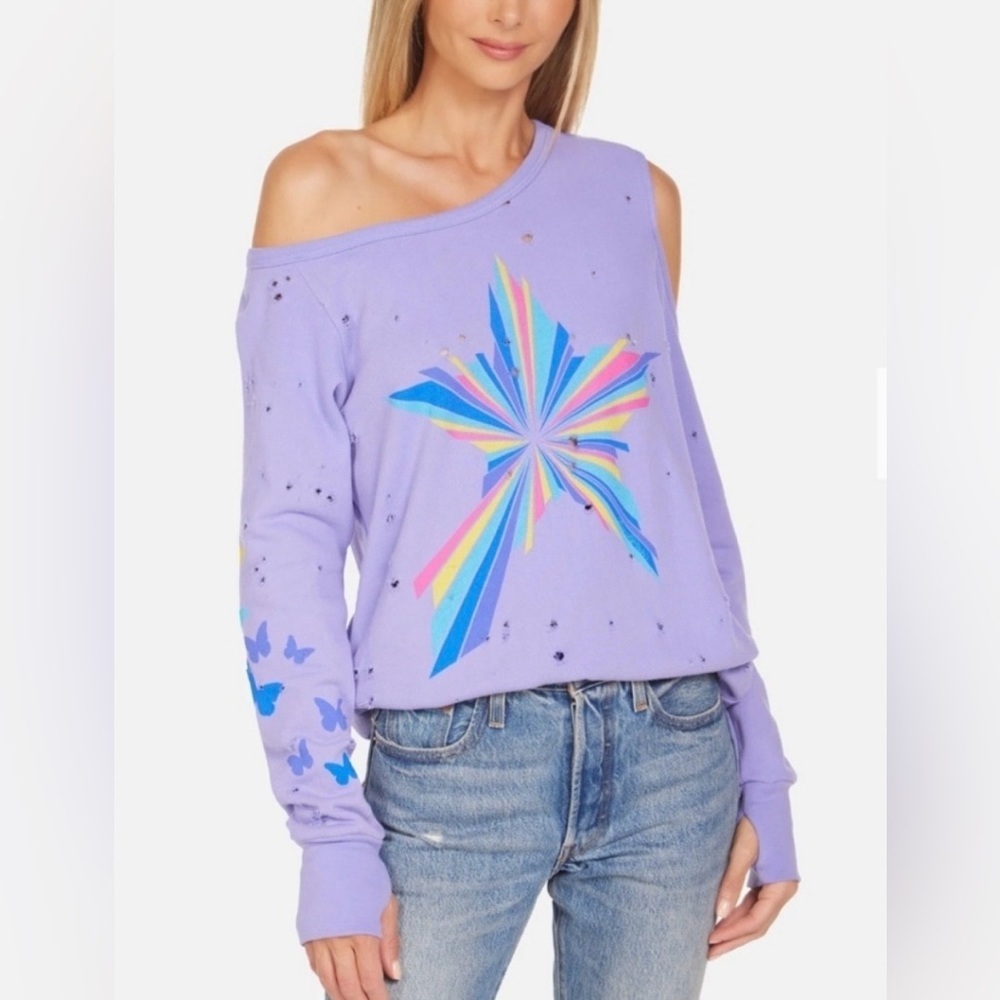 Lauren Moshi Joanna Star Asymmetrical Cold Shoulder Distressed Lilac Top Size XS